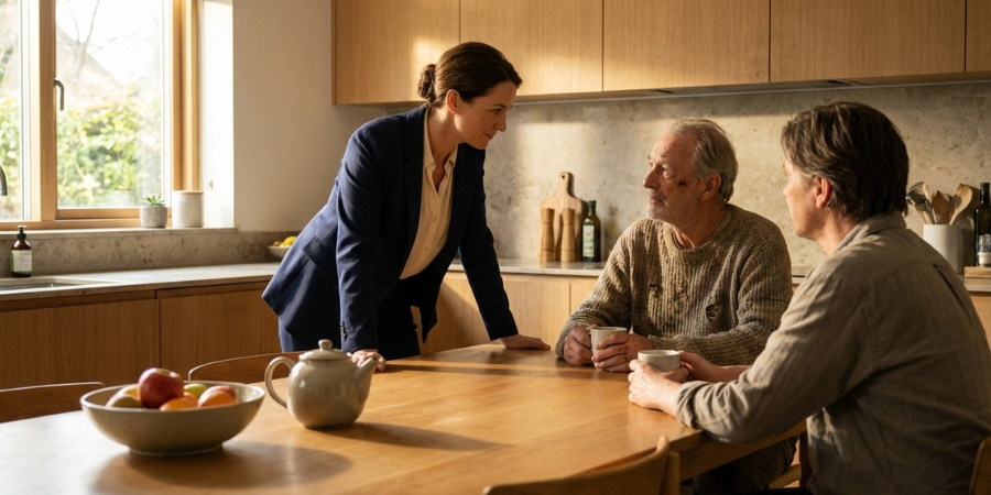 A person stands at a table with two seated individuals.