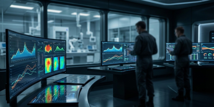 Two scientists analyze data on multiple curved monitors.