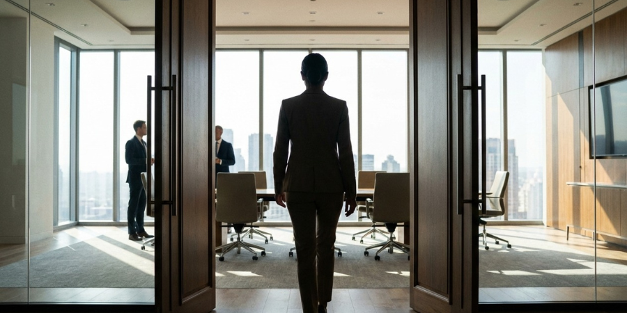 Person entering conference room, colleagues in discussion nearby.