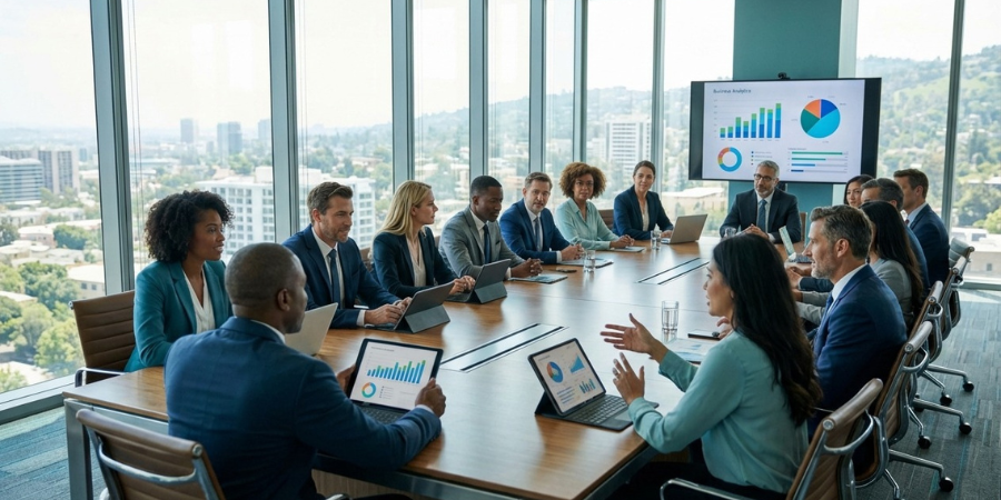 4 Powerful Ways Leaders Support Working Mothers 1 Corporate meeting with graphs on the display screen, focusing on retention.