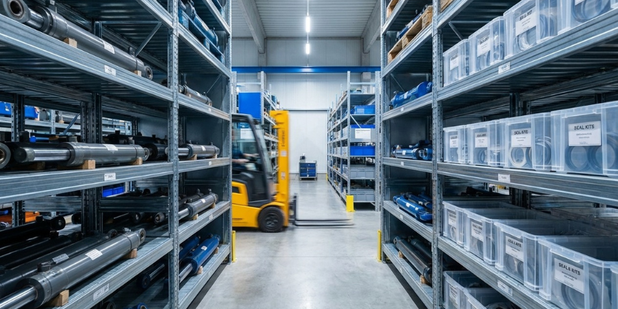 A yellow forklift moving through organized warehouse aisles.