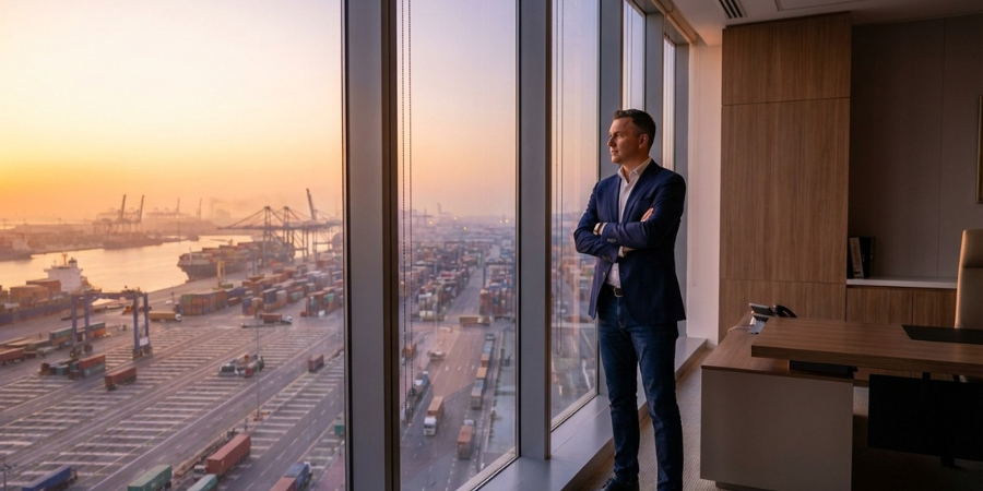 4 Proven Logistics Moves Leaders Trust 1 Person in office gazing at shipping port at sunset.