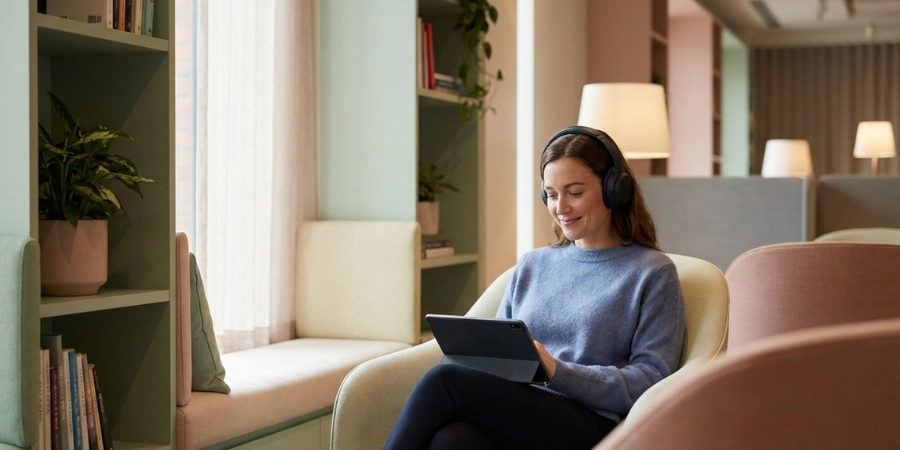4 Simple Habits To Protect Women’s Wellness 1 Woman in cozy lounge, wearing headphones and using tablet.