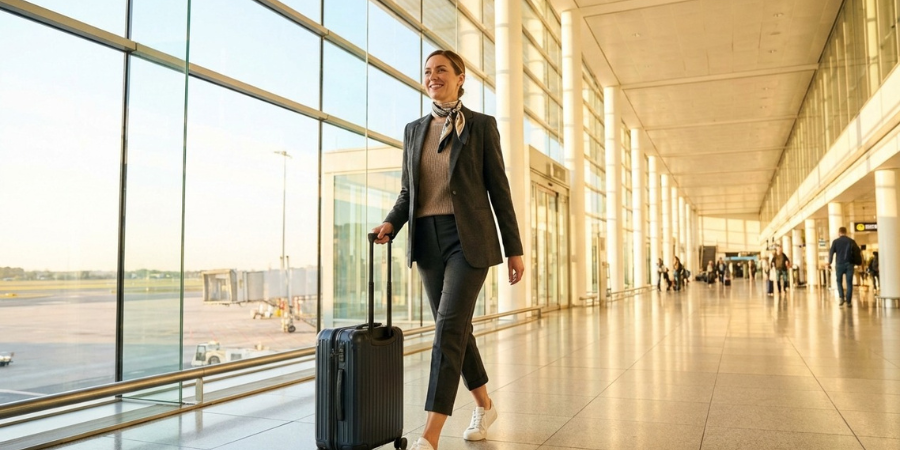 Person confidently strolling through airport terminal with suitcase.